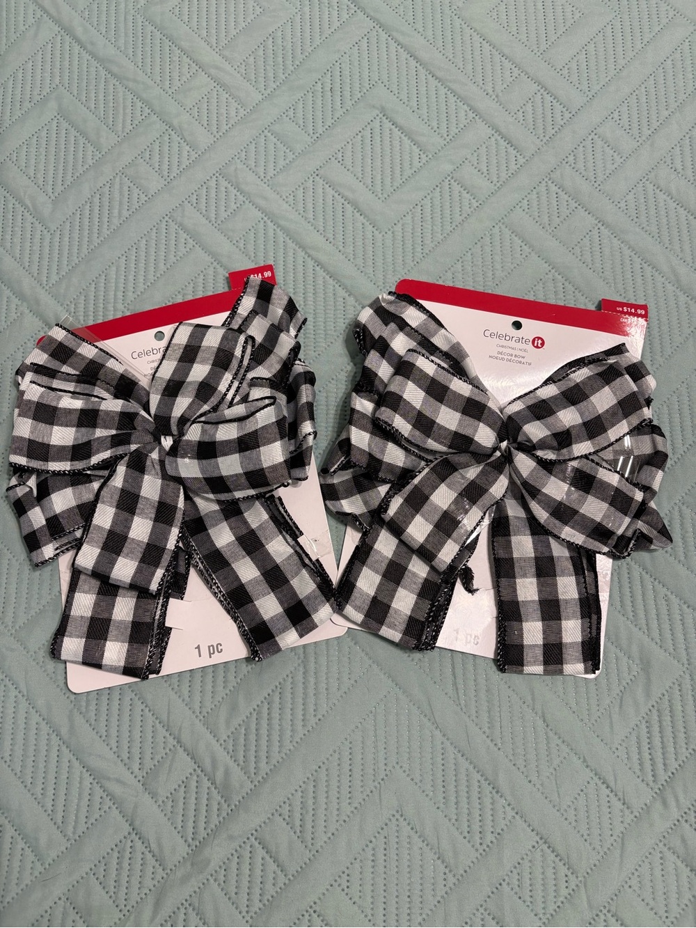 Celebrate It Christmas Decor Bow Buffalo Check Black/White 10 in, 2 Pack